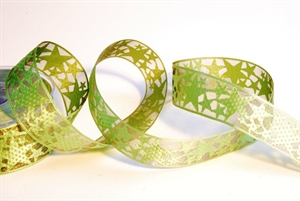 Band, 20m/ 32mm Sterne auf Organza, grün Band, 20m/ 32mm Sterne auf Organza, grün