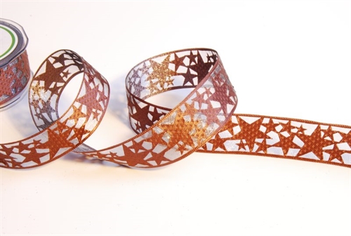 Band, 20m/ 32mm Sterne auf Organza, dbraun Band, 20m/ 32mm Sterne auf Organza, dbraun