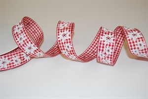 Band 20m/ 25mm, Karo Vichy mit Edelweiss, rot Band 20m/ 25mm, Karo Vichy mit Edelweiss, rot