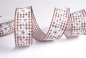 Band 20m/ 25mm, Karo Vichy mit Edelweiss, braun Band 20m/ 25mm, Karo Vichy mit Edelweiss, braun