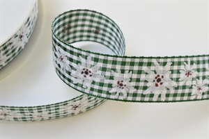 Band 20m/ 25mm, Karo Vichy mit Edelweiss, grün Band 20m/ 25mm, Karo Vichy mit Edelweiss, grün