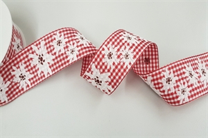 Band 20m/ 40mm, Karo Vichy mit Edelweiss, rot Band 20m/ 40mm, Karo Vichy mit Edelweiss, rot