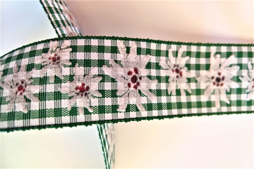 Band 20m/ 40mm, Karo Vichy mit Edelweiss, grün Band 20m/ 40mm, Karo Vichy mit Edelweiss, grün