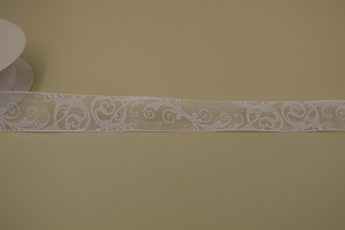 Band 25m/ 25mm, Ranken auf Organza, weiss Band 25m/ 25mm, Ranken auf Organza, weiss