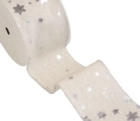 Band 10m/ 65mm, Leinen Sterne, natur-silber Band 10m/ 65mm, Leinen Sterne, natur-silber