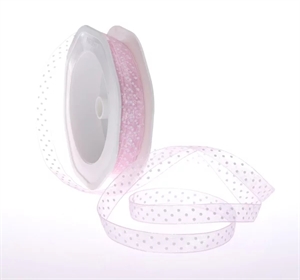 Band 20m/ 10mm, Punkte auf Organza, rosa Band 20m/ 10mm, Punkte auf Organza, rosa