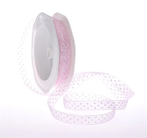 Band 20m/ 10mm, Punkte auf Organza, rosa Band 20m/ 10mm, Punkte auf Organza, rosa