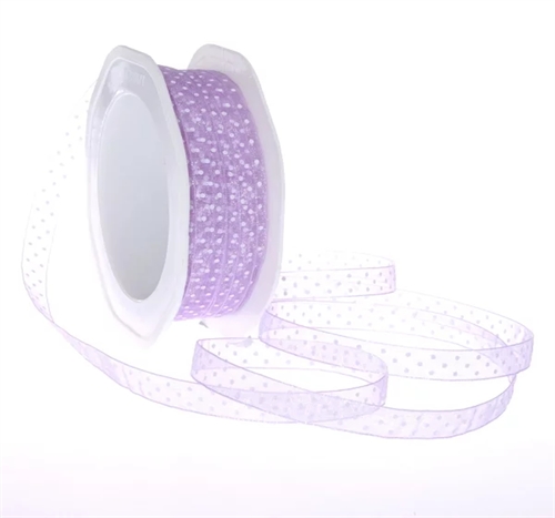 Band 20m/ 10mm, Punkte auf Organza, lila Band 20m/ 10mm, Punkte auf Organza, lila
