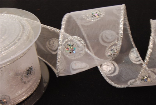 Band 10m/ 50mm, Glitzerpunkt, weiss/silber Band 10m/ 50mm, Glitzerpunkt, weiss/silber