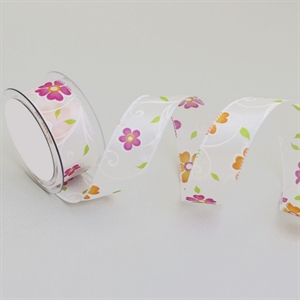 Band 10m/ 40mm, Blüten & Ranken, weiss/pink Band 10m/ 40mm, Blüten & Ranken, weiss/pink