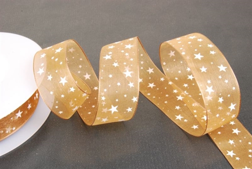 Band, 25m/ 25mm Sternen-Organza, braun Band, 25m/ 25mm Sternen-Organza, braun