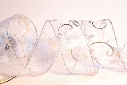 Band, 10m/ 50mm Leafs auf Organza, gold Band, 10m/ 50mm Leafs auf Organza, gold