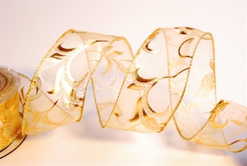 Band, 10m/ 50mm Leafs auf Organza, gold Band, 10m/ 50mm Leafs auf Organza, gold