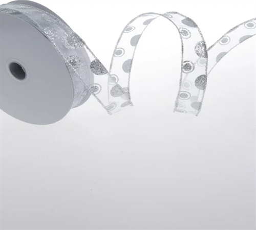 Band 20m/ 25mm, Organza Glitzerpunkte, silber Band 20m/ 25mm, Organza Glitzerpunkte, silber
