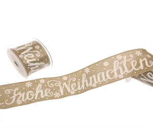 Band 10m/ 65mm, Leinen m.Frohe-Weihn, natur-weiss Band 10m/ 65mm, Leinen m.Frohe-Weihn, natur-weiss