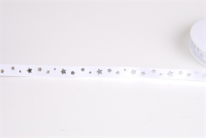 Band 20m/ 10mm, Satin Sternchen, weiss/silber Band 20m/ 10mm, Satin Sternchen, weiss/silber