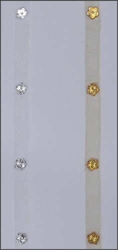 Band 10m/ 10mm, Organza mit Blüte, weiss/silber Band 10m/ 10mm, Organza mit Blüte, weiss/silber