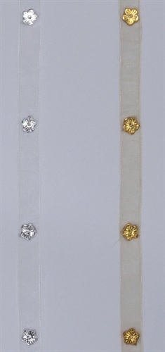 Band 10m/ 10mm, Organza mit Blüte, creme/gold Band 10m/ 10mm, Organza mit Blüte, creme/gold