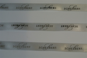 Band 100m/ 15mm, Logo Double Satin, silber Band 100m/ 15mm, Logo Double Satin, silber